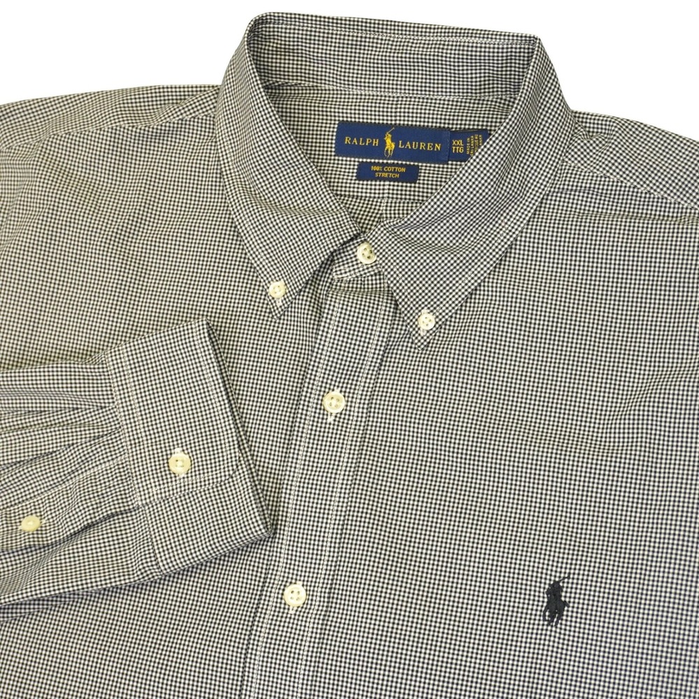 Ralph Lauren Button Down Shirt Men XXL Black Gingham Pony Stretch Long Sleeve
